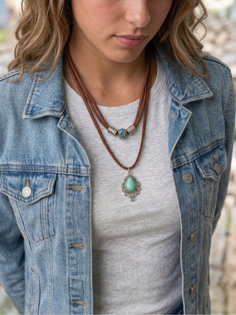 Brown Cord Layered Necklace with Turquoise Pendant - Women Jewelry